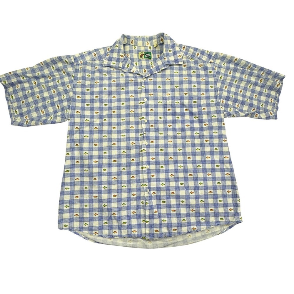 Johnny Cotton Shirt Men M Blue White Plaid Fly Fish Trout Print Button Up VTG - Picture 1 of 7
